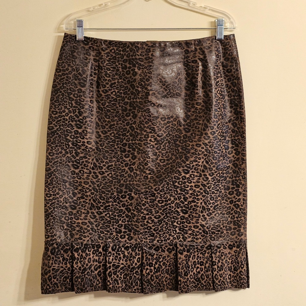 Doncaster Signature Leopard Print Leather Skirt Pleated Hem Brown Womens‎ 10